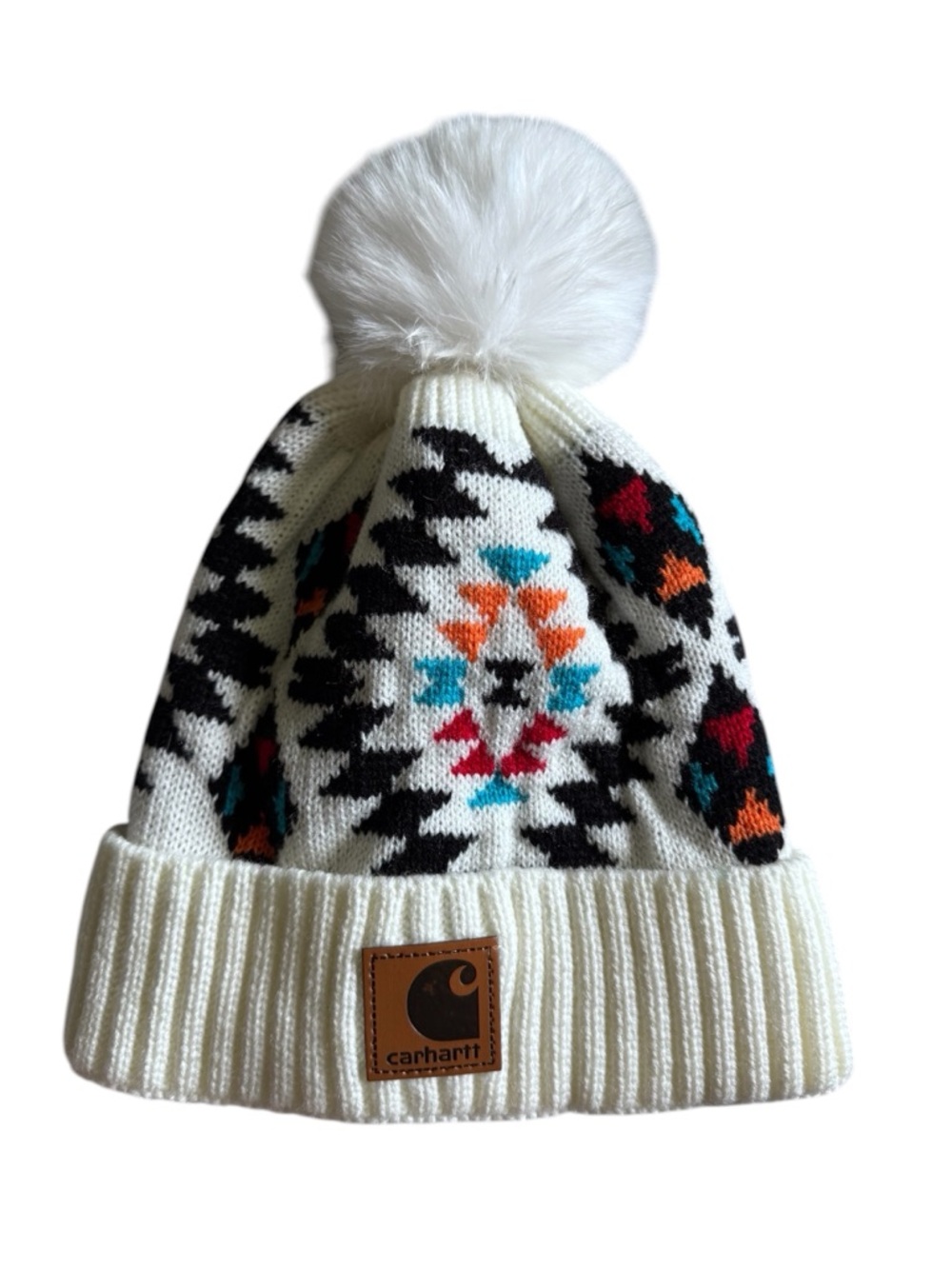 Carhartt Women’s Ivory Pom Beanie with Multicolor Southwest Knit